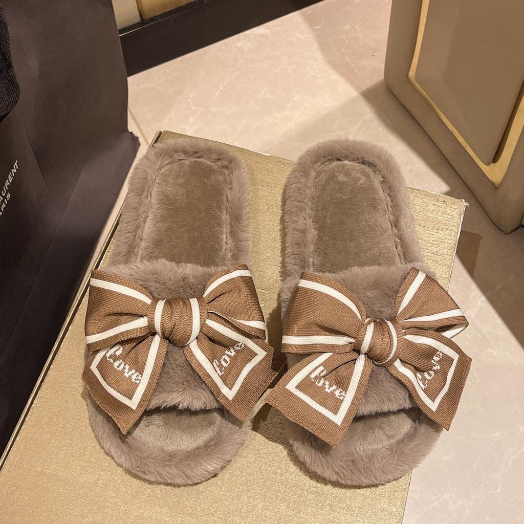 Fashion Casual Fluffy Slippers Women House Flats Fashion Winter Bowknot Love Designer Shoes Ladies Home Plush Platform Elegant Footwear