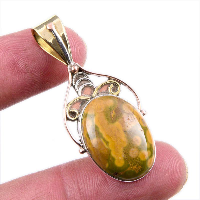

Natural Ocean Jasper 925 Solid Sterling Silver TwoTone Gift Pendant 1.75 g1r89