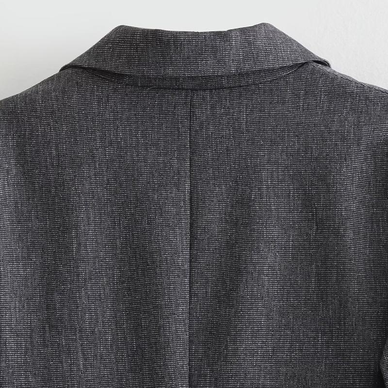 Women Fashion with Pockets Grey Single Button Blazer Vintage Notched Neck Long Sleeves Female Chic Lady