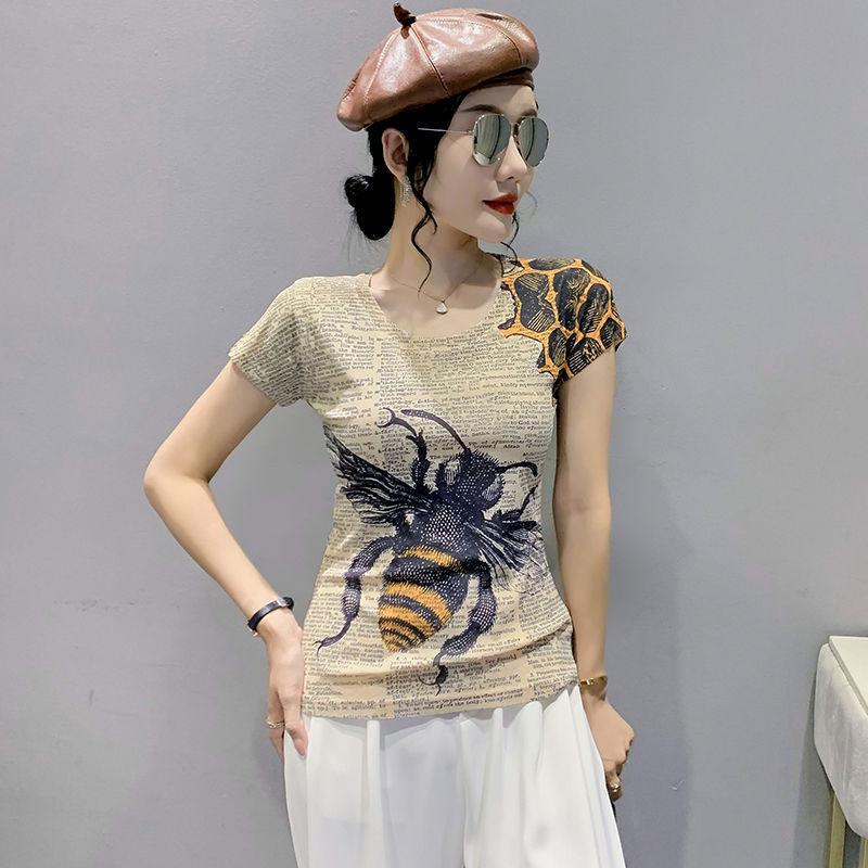 Creative Printed Short Sleeved T-shirt for Women's Summer Wear New Fashionable European Design Slim Fit and Western-style Letter Half Sleeved Top