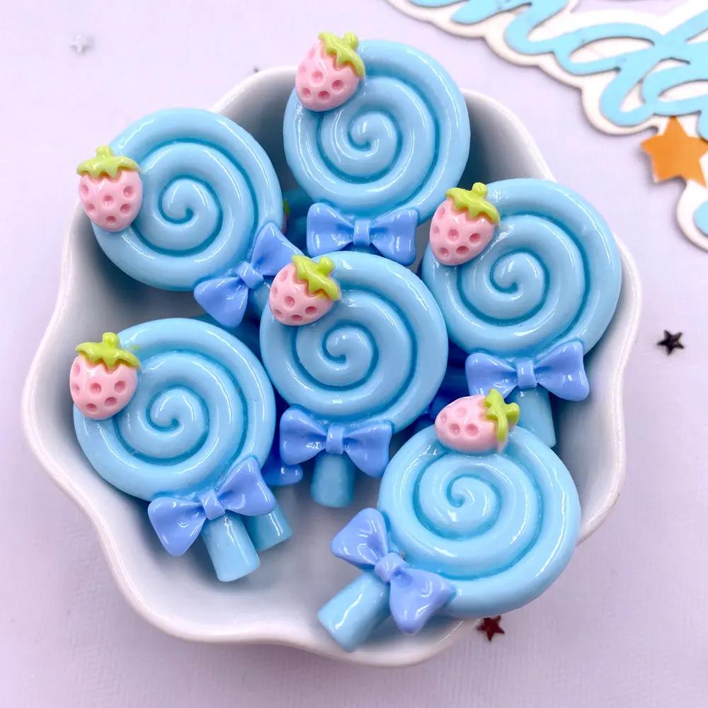 Painted Colorful Resin Strawberry lollipop Lollipop Flatback Cabochon Stone Figurines 10pcs DIY Bow Accessories Scrapbook Crafts