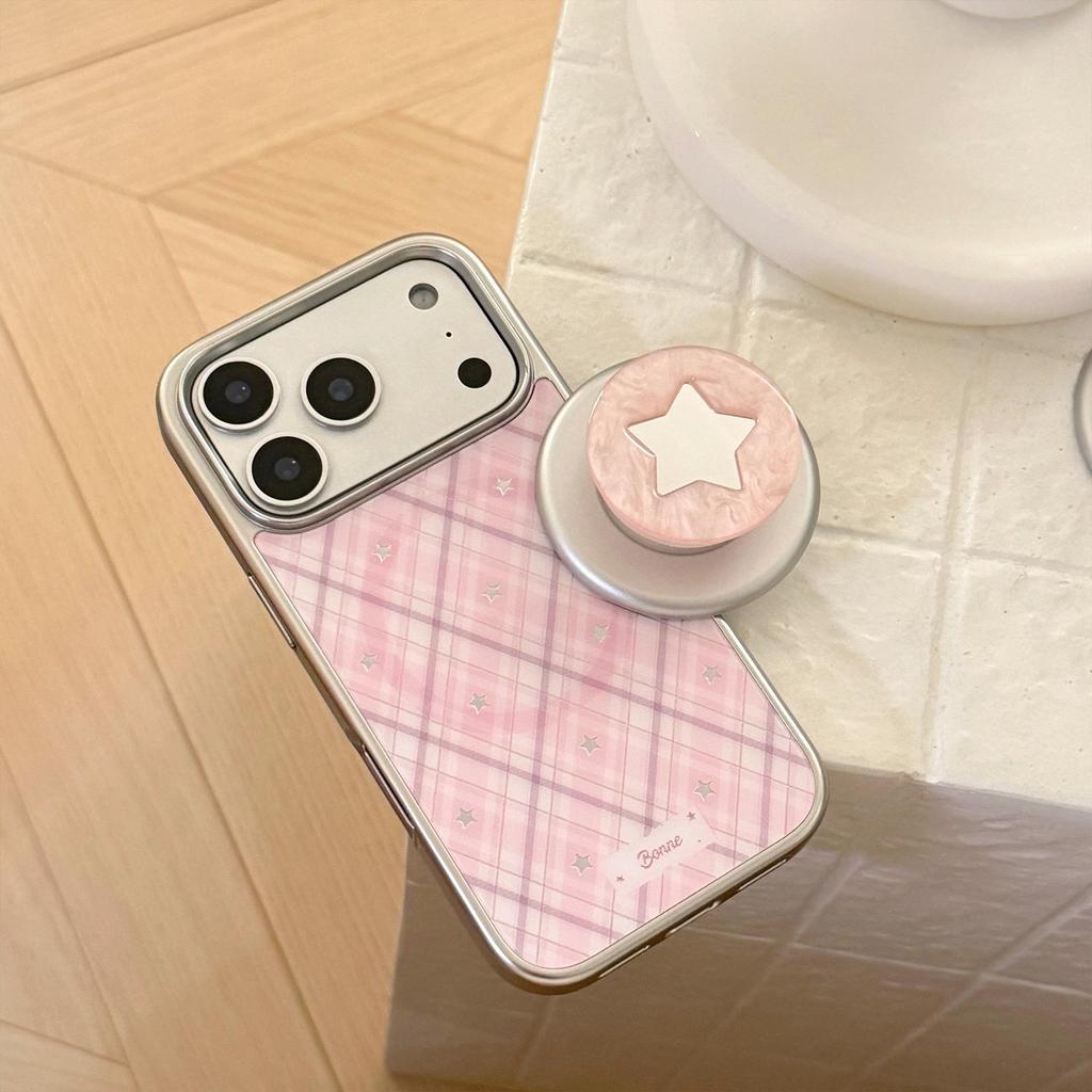 Korean Style Gold-Plated Peach Star Plaid Magnetic Phone Case for iPhone 16/17 Pro Max/15/14P