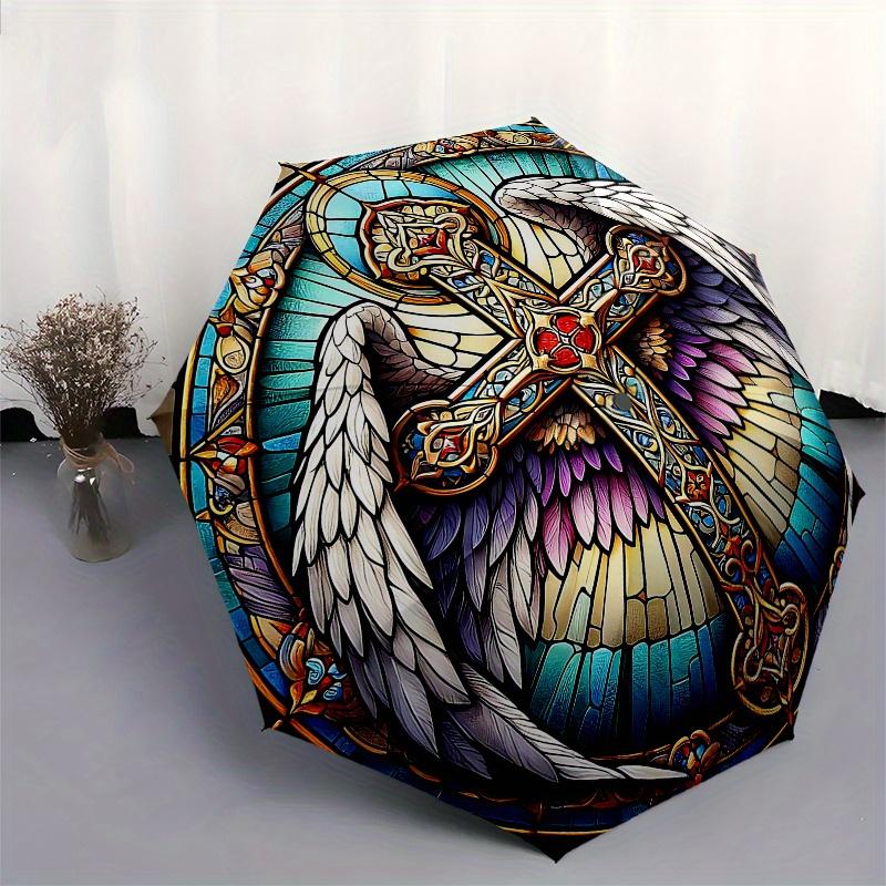 Stained Angel Wings Cross Art PrintUmbrella, Portable 3-Fold Compact Umbrella,Christmas Gift ES634
