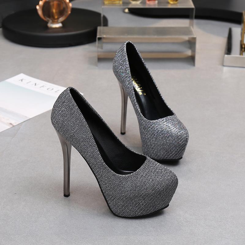 Autumn Round Head Waterproof Inner Height Increase Heel Women's Shoes Super High Heel Fine Heel Gold Powder Shiny and Sexy