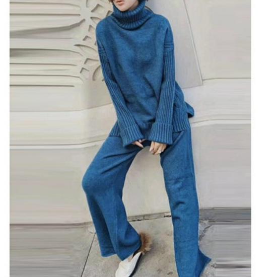 2021 Autumn/Winter Korean High Neck Slit Knitwear & Loose Wide-Leg Pants Two-Piece Set for Women