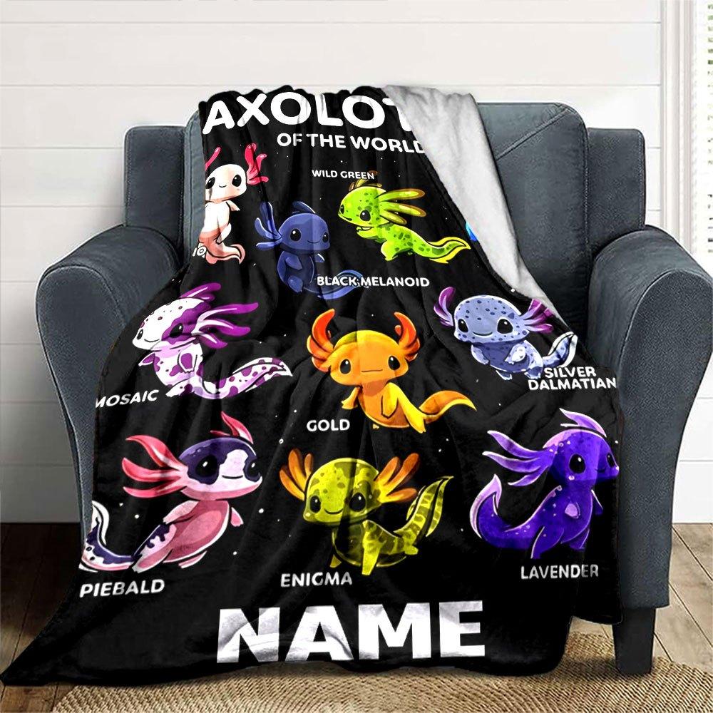 Axolotls Of The World Colorful Varieties Cozy Personalized Blanket Personalized Text Comfortable Texture Perfect For Sofa Couch Office Bed Picnics