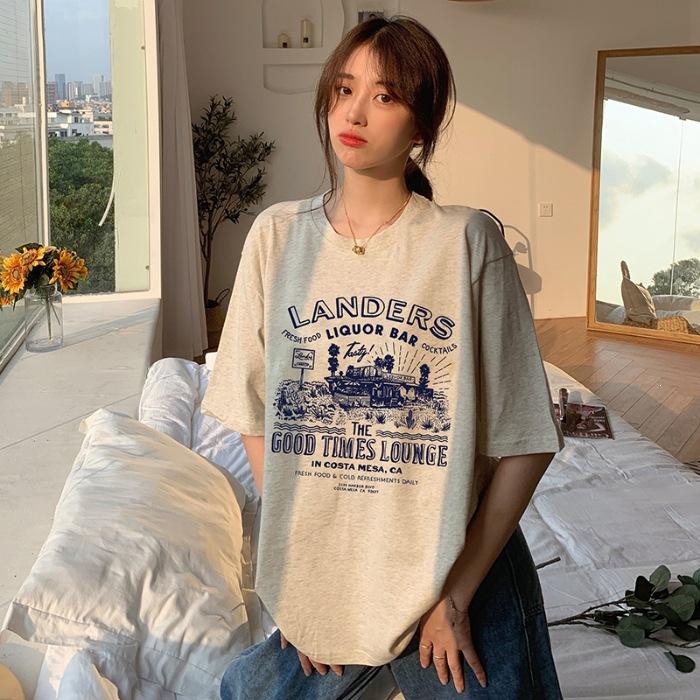 

% Pure cotton American retro design short-sleeved t-shirt women s summer loose couple top tide M