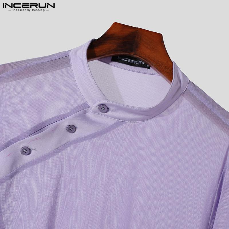 INCERUN Men Mockneck Long Sleeve Mesh Tops Party Button Down Fishnet Shirts