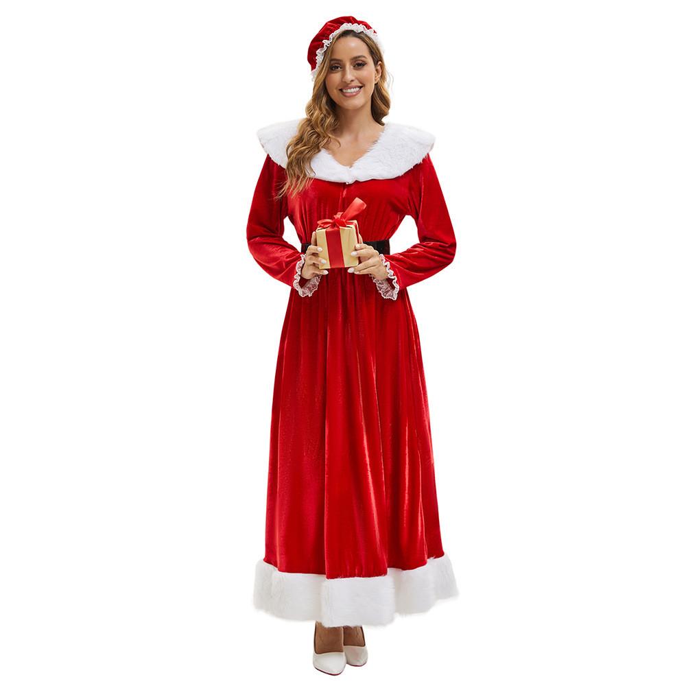 Women Elegant Velvet Long Dress With Hat And Belt For Christmas And Holiday Events