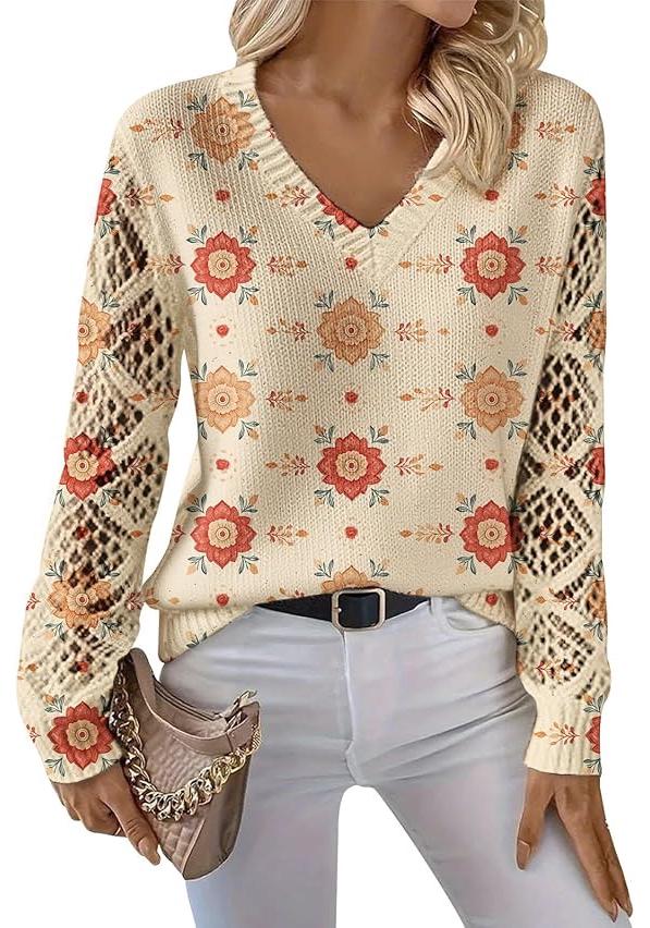 V-Neck Eyelet Print Sweater - Style HS-LY52
