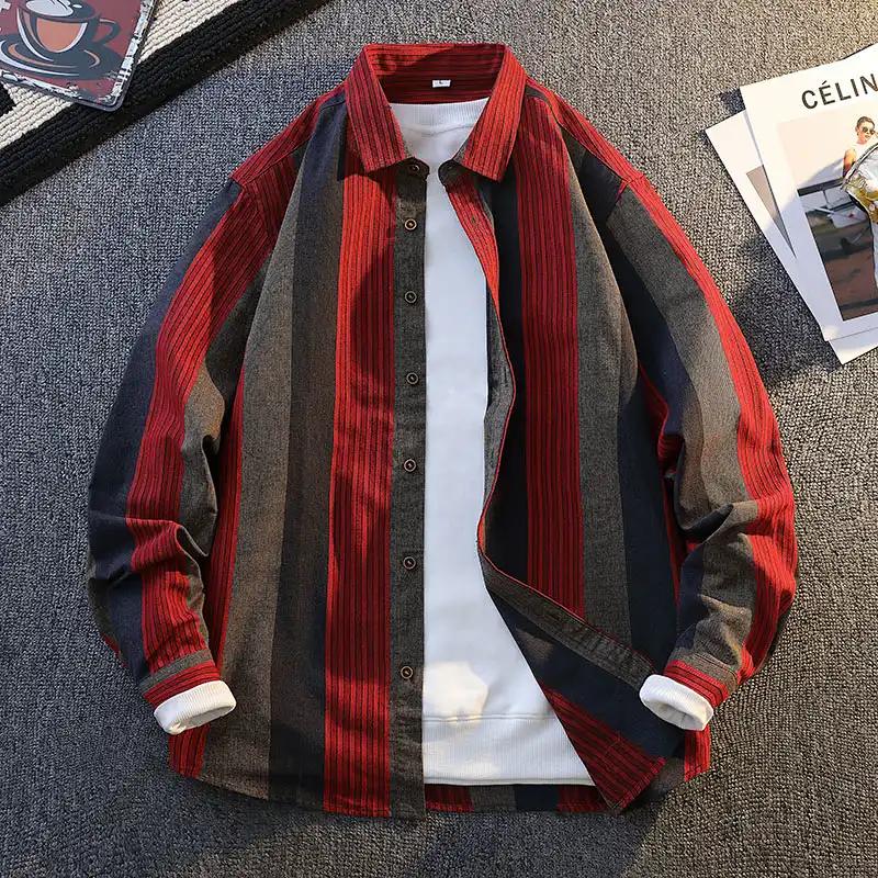 Men Thin Striped Long Sleeve Shirt New Loose Spring Autumn Color Block Casual Outerwear Trendy Commute Fashion Top
