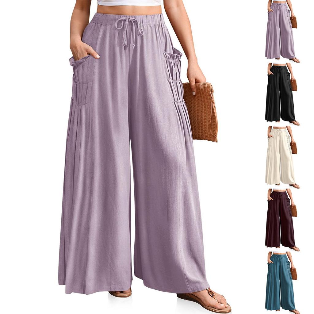 Damen Einfarbig Plissee Taille Locker Weites Bein Gerades Bein Hose