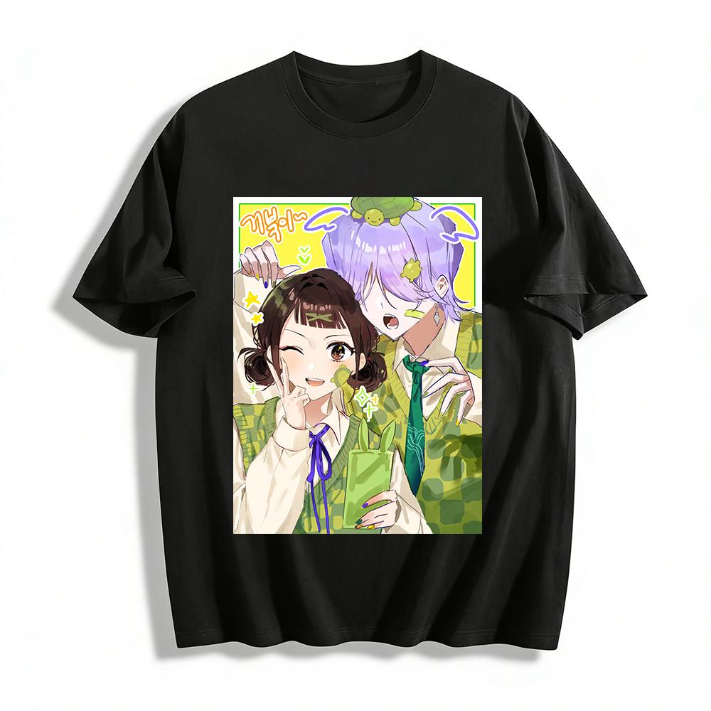 

Korean Campus Style Cartoon Couple Print Knit Patchwork Fake Two-Piece Loose Casual T-Shirt For Men And Women Pure cotton T-shirt XXS