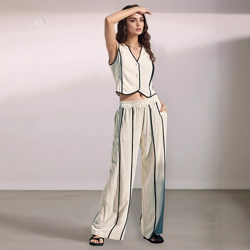 Spring/Summer New Arrival: European and American Women s Striped Set, Sleeveless Vest Set, Loose Wide-Leg Long Pants Two-Piece Set european and american size s
