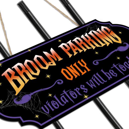Halloween Broom Parking Sign with 3 Wooden Witch Brooms Solid Wood Hanging Decoration Halloween Decor Broom Parking Sign for Front Porch Wall