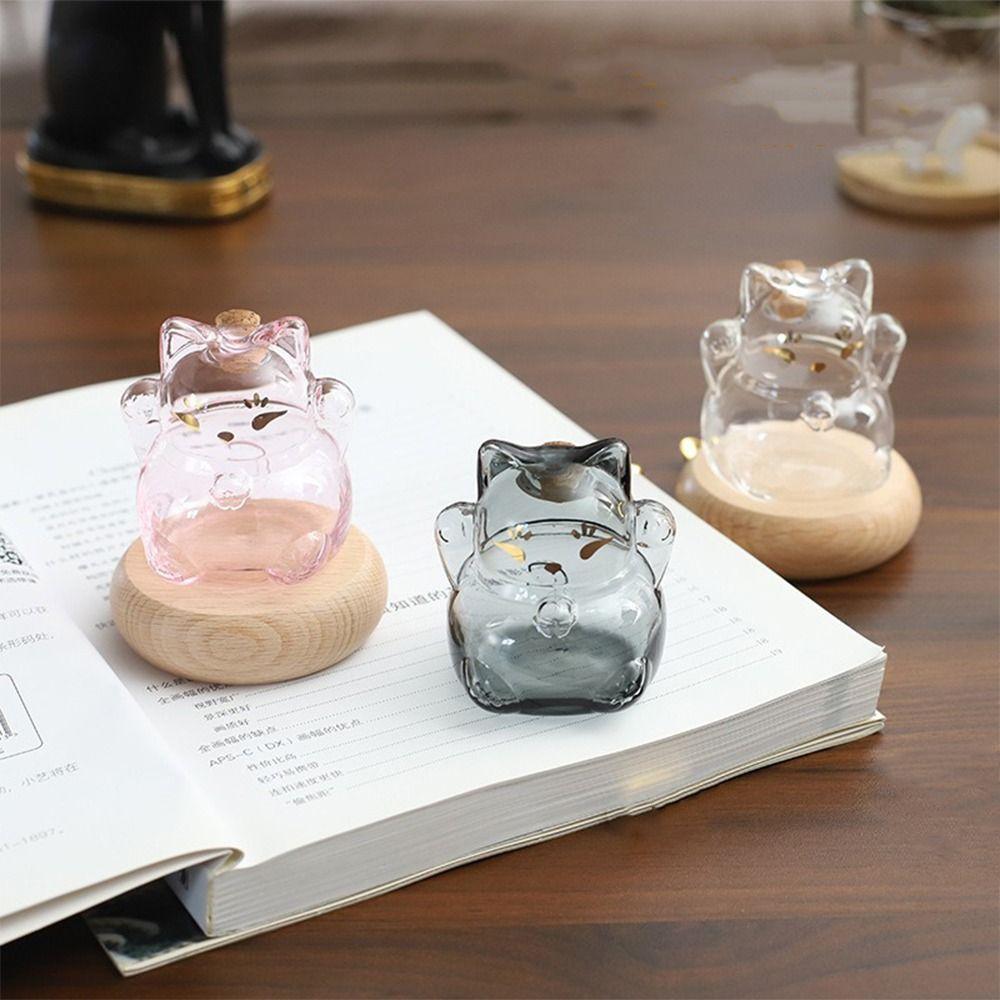 Cute Cat Shape Saving Jar Lucky Cat Clear Glass Glass Coin Bank with Wooden Base Decorative Gold Bean Container Wishing Star
