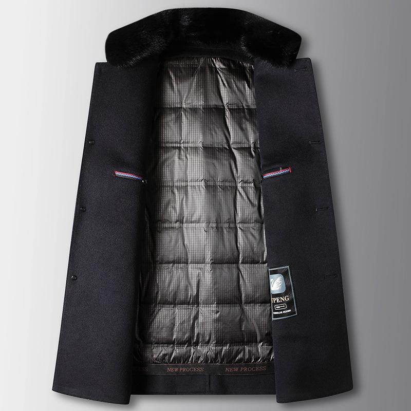 Men's Coat Autumn and Winter Mink Stand-up Collar Woolen Coat Middle-aged Business Double-sided Woolen Goose Down Liner Thickened Trench Coat