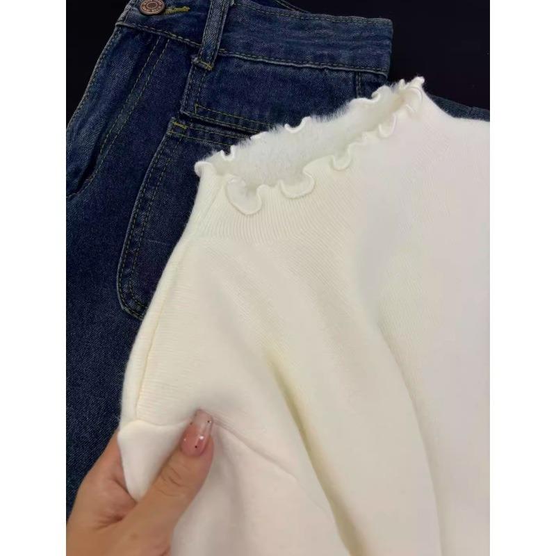 Semi-turtleneck fungus edge integrated fleece thickened knitted sweater women's autumn and winter simple inner bottoming shirt top