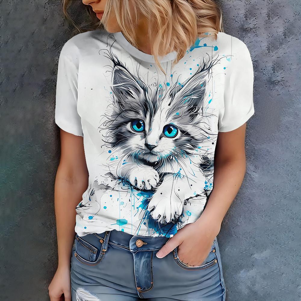 

Летняя персонализированная модная женская повседневная футболка с коротким рукавом и принтом милого голубоглазого кота с брызгами краски 6XL