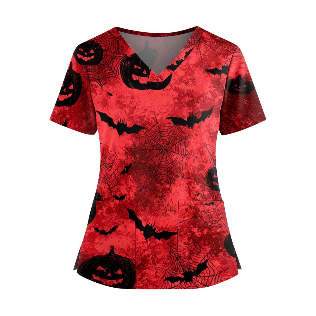 Women's Halloween Print V Neck Short Sleeve Nurse Top with Dual Pockets and Side Slits Medical Uniform Shirt for Caregivers