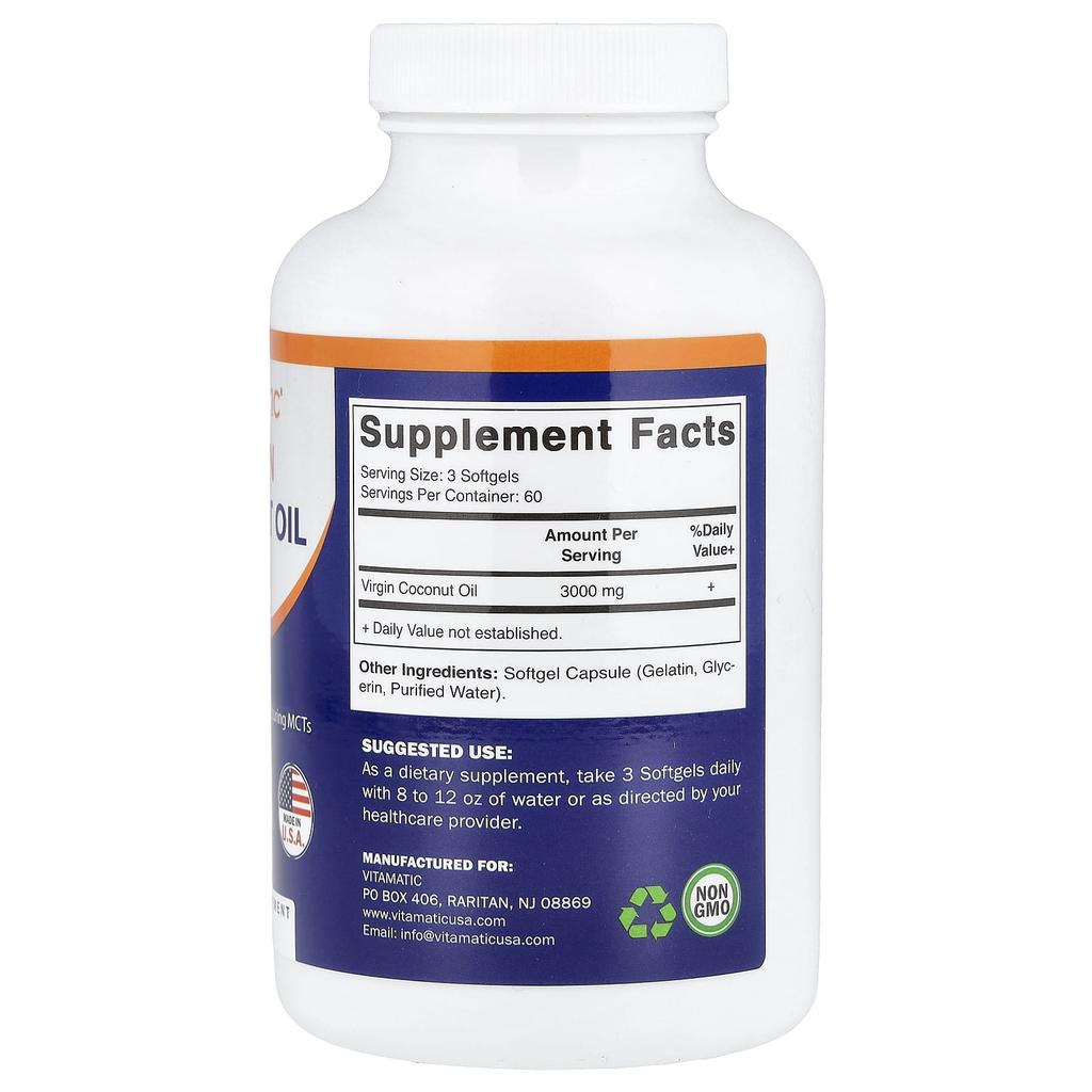 Vitamatic, Virgin Coconut Oil, 180 Softgels (1,000mg per softgel)