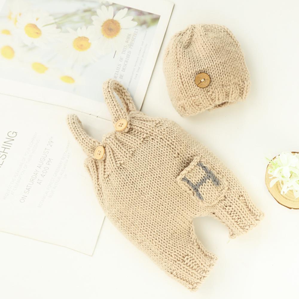 2020 Newborn Photo Props: 2-Color Knit Baby Overalls & Hat Set