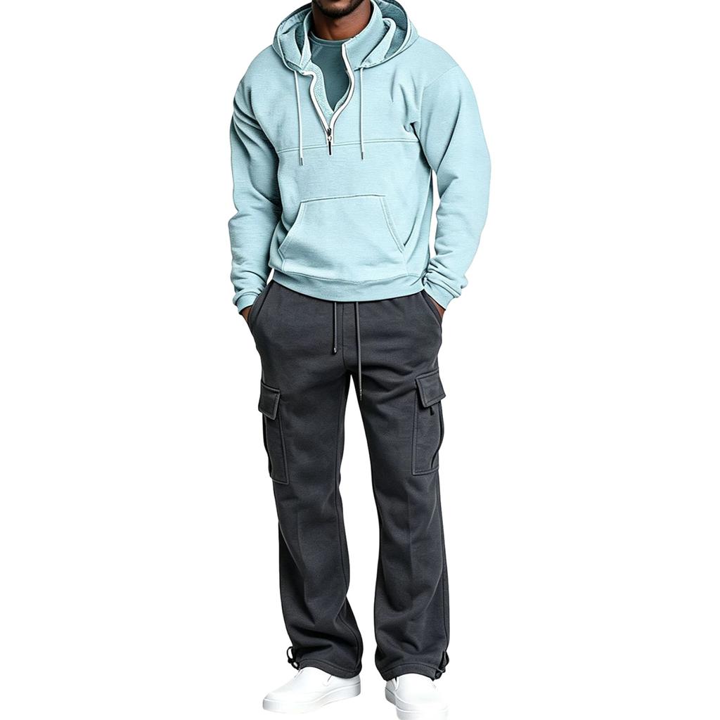 Completo da Uomo con Felpa con Cappuccio e Zip a Metà e Pantaloni Cargo, Outfit Casual in 2 Pezzi per l'Uso Quotidiano