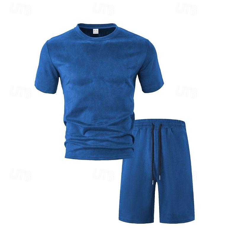 Men's T-shirt Suits 2 Pieces Outfits Tee & Shorts Short Sleeve Crewneck Summer Solid / Plain Color Fashion Casual 2 Piece