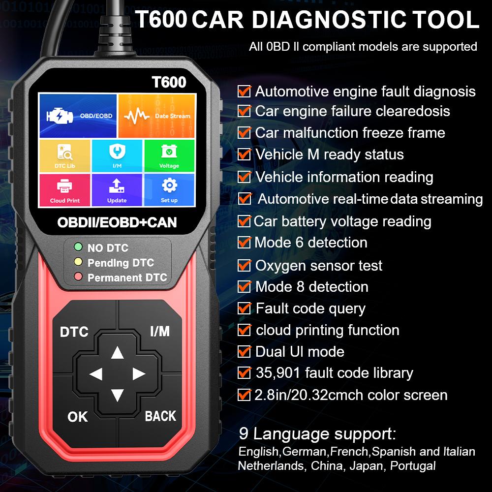 Car Diagnostic Tool T600 OBD2 Scanner Oxygen Sensor Test Automotive DTC Lookup Code Reader Professional Support Cloud Print