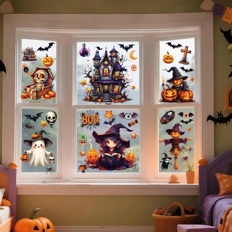 Halloween Window Sticker Pumpkin Witch Bat Castle Pattern Wall Stickers Halloween Decals