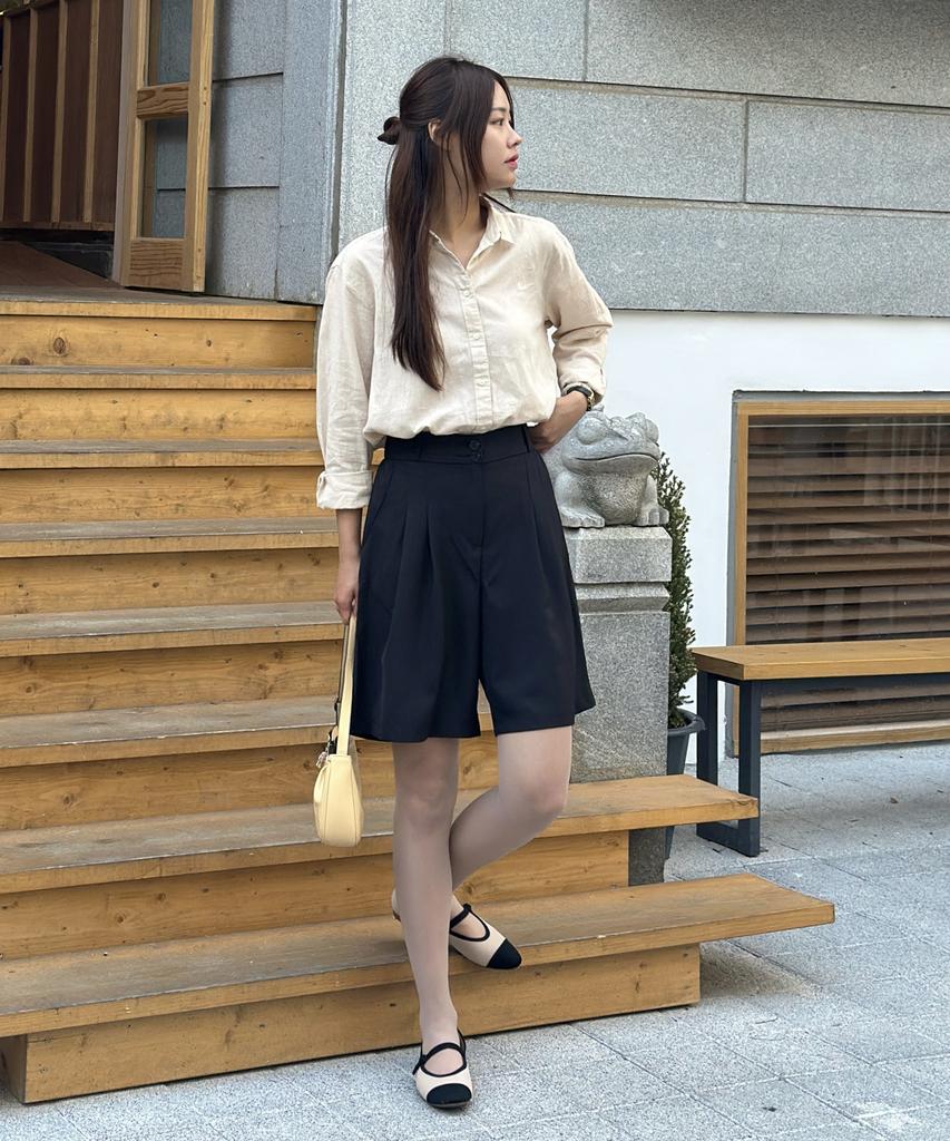 Ppaeppae Back Elastic Two-Pintuck Wide Fit Knee-Length Bermuda Pants