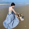 Blue and White Plaid Halter Sling Vest Women's Summer New High-waisted Skirt Set Two-piece Set