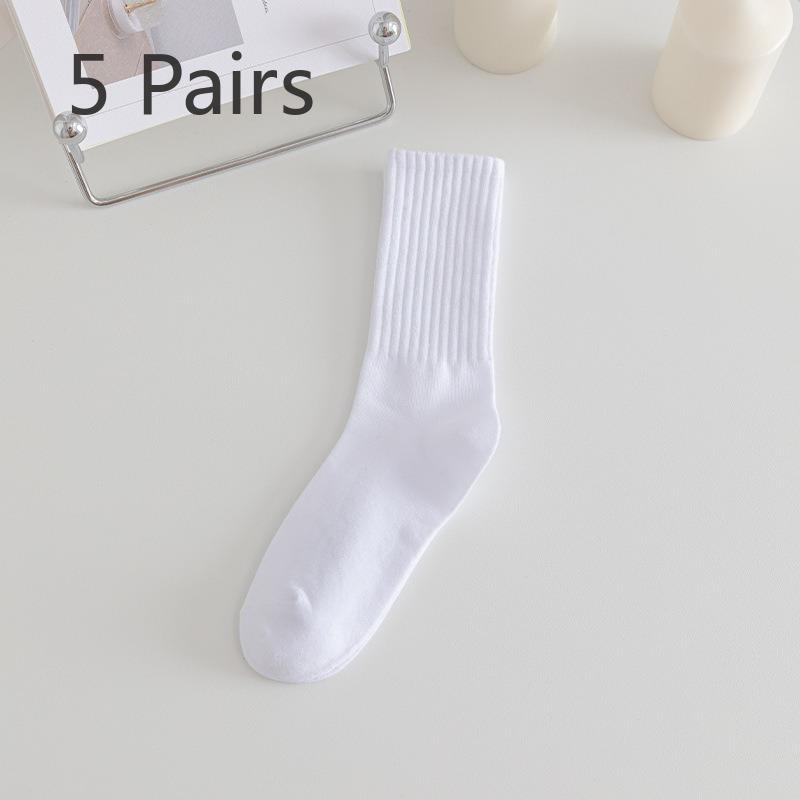 5 Pairs of Simple Solid Color Breathable Boneless Mid Calf Socks for Women In Spring and Summer