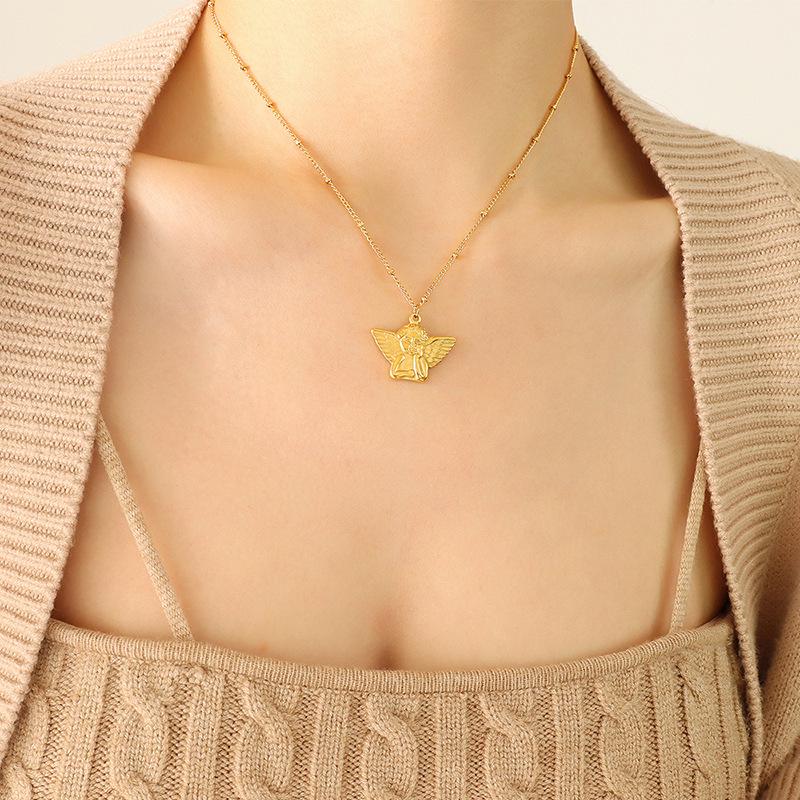 Women s 18K Gold Angel Pendant Necklace - European & American Hip Hop Style, Titanium Steel Clavicle Chain