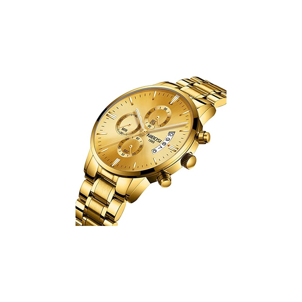 Men's Big Face Gold Chronograph Watch Analog Business Casual Stainless Steel Band