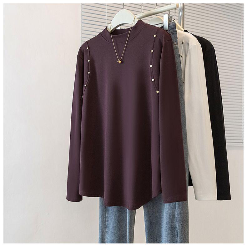 Plus Size Women's Velvet Long Sleeve Top - Half-High Neck, Loose Fit, Stylish Flaw Cover, Autumn/Winter Collection