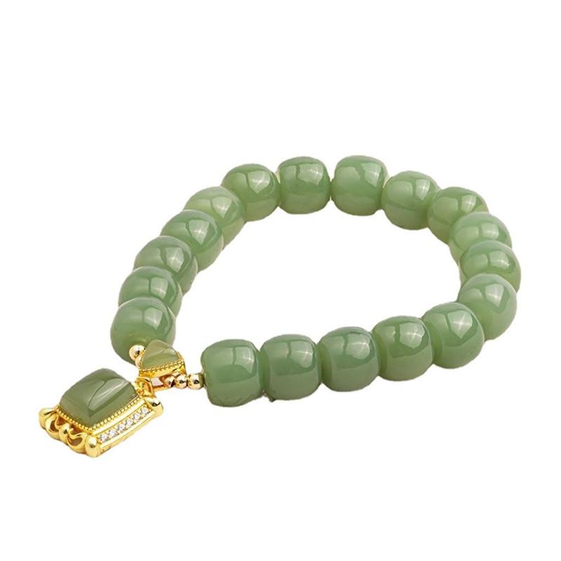 

[HS]^1PC Chinese Style Retro Imitation Jade Beaded Bracelet Square Rhinestone Pendant Bangle For Women Light Luxury Jewelry Gift
