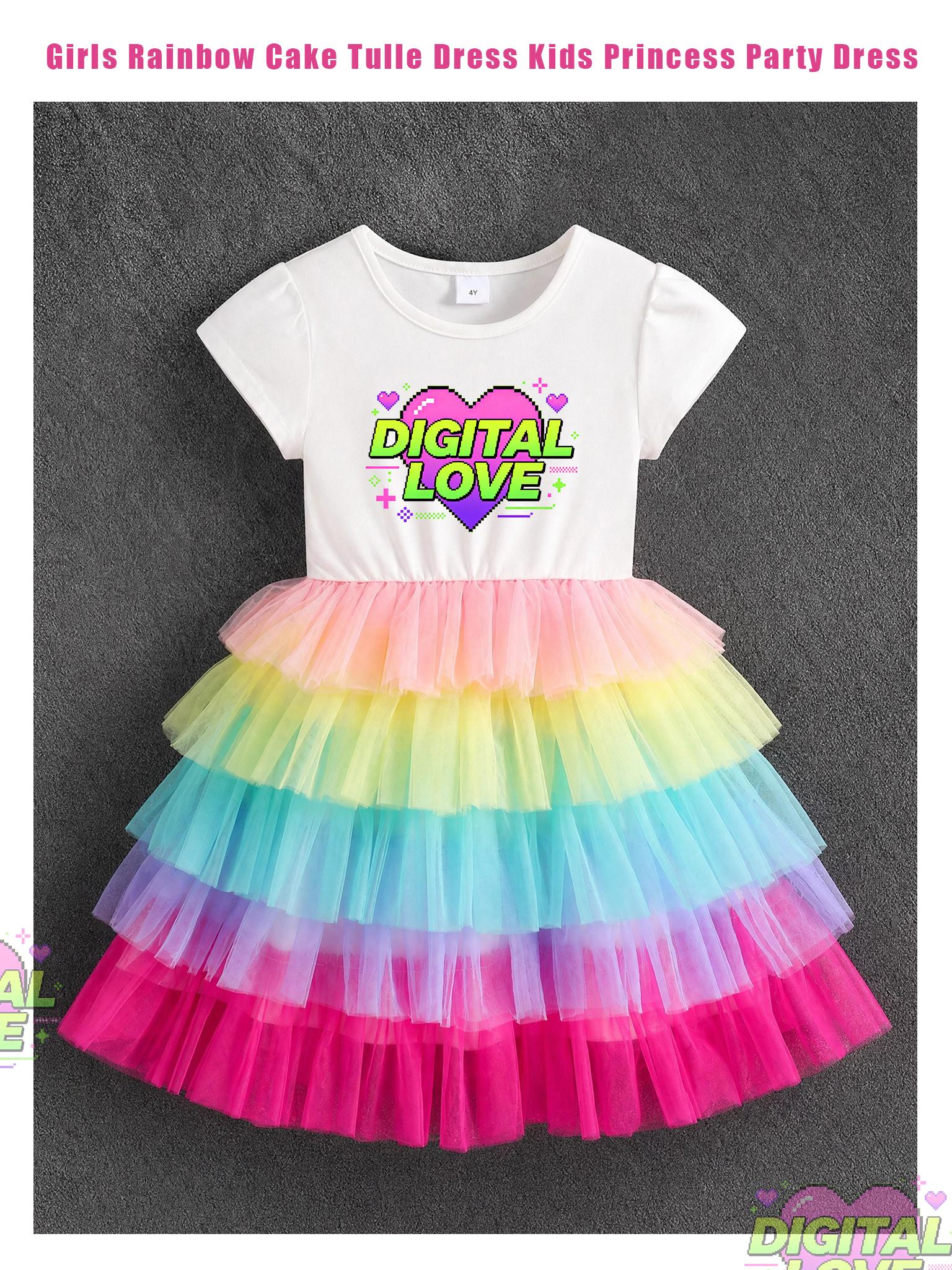Girls Rainbow Cake Tulle Dress Kids Pixel Heart Print Princess Dress 4Y разноцветные