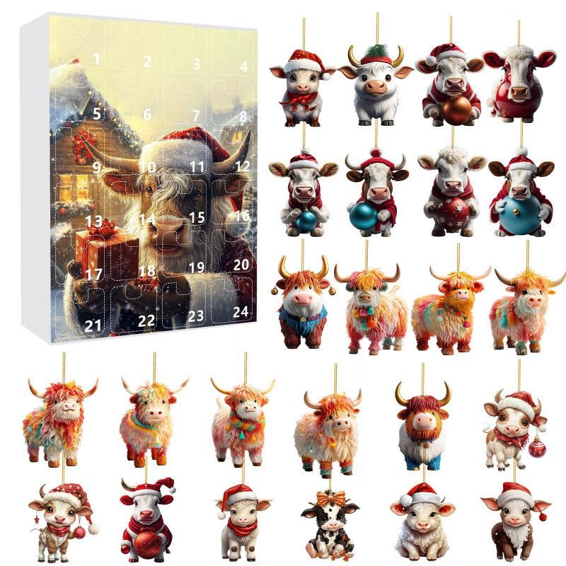 2D Acrylic Christmas 24 Day Countdown Blind Box Acrylic Cartoon Highland Cow Tree Ornament For Kids Home Decor Holiday Gift