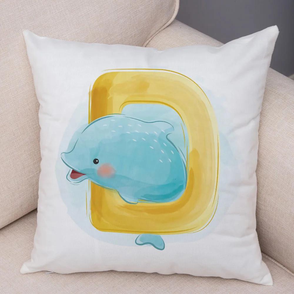 Cute Cartoon Animal Cushion Cover for Children Room Water Color English Letter Print Pillow Case Short Plush Pillowcase 45x45cm