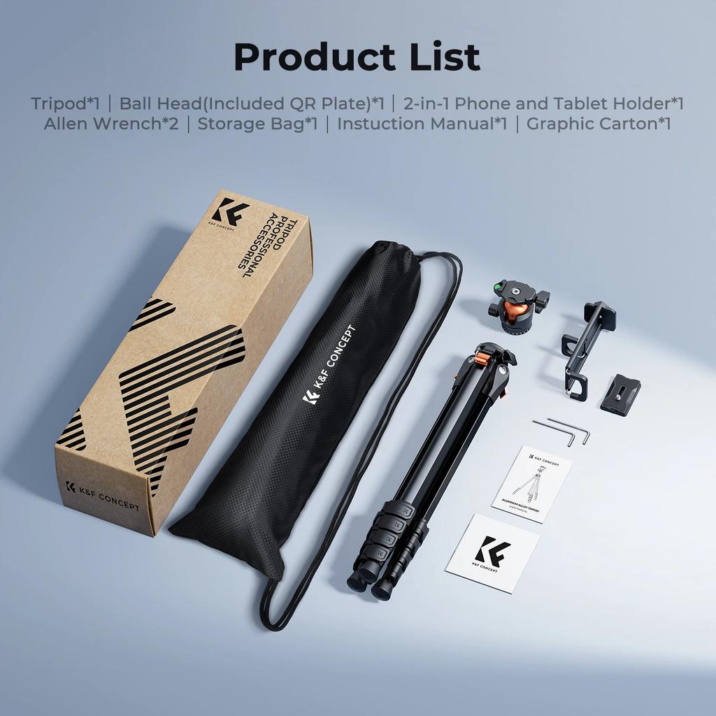 K&F CONCEPT 73" Aluminum Compact Camera Tripod Portable Travel Tripod for iPhone 22 lbs Capacity Arca Swiss Ball Head for Camera