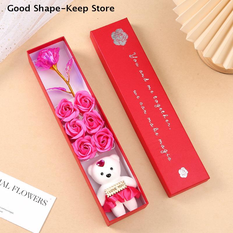 Creative Romantic Rose Valentines Day Mother Day Gift Plush Bear Artificial Flower Gift Box Soap Rose Flowers Wedding Home Decor