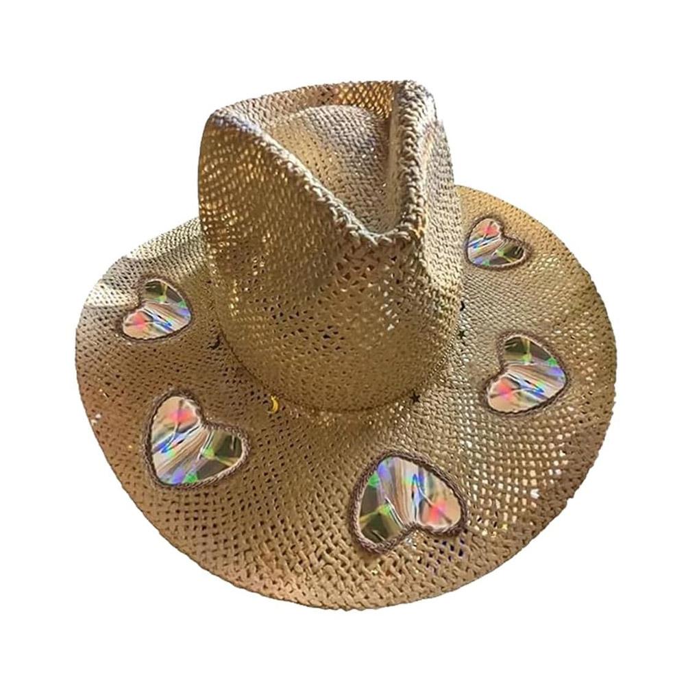 Beach Cowboy Suncatcher Cowgirl Straw Prism Hat Vintage Summer Jazz Cap Woven Sun Hat for Music Festival Party
