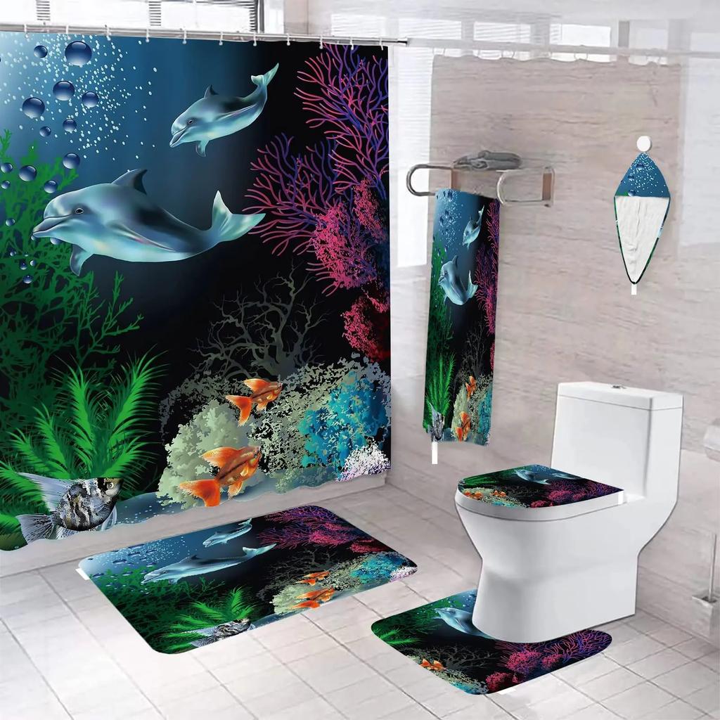 Deep Ocean Dolphin 3D Printing Waterproof Fabric Shower Curtain Set Bathroom Curtains Toilet Cover Mat Non Slip Rug Home Decor