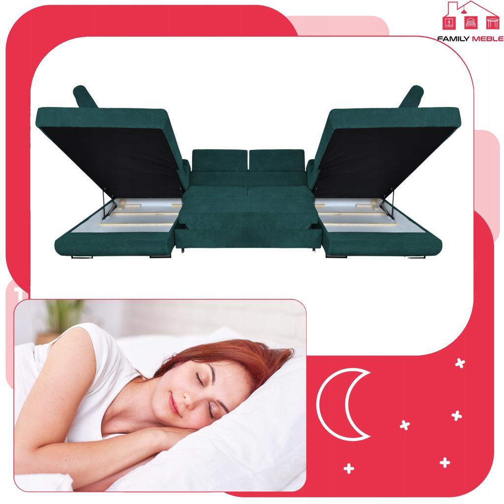 U-shaped Corner Sofa Bed, Extendable F. Savio Family Sleeping Furniture C Green Corduroy