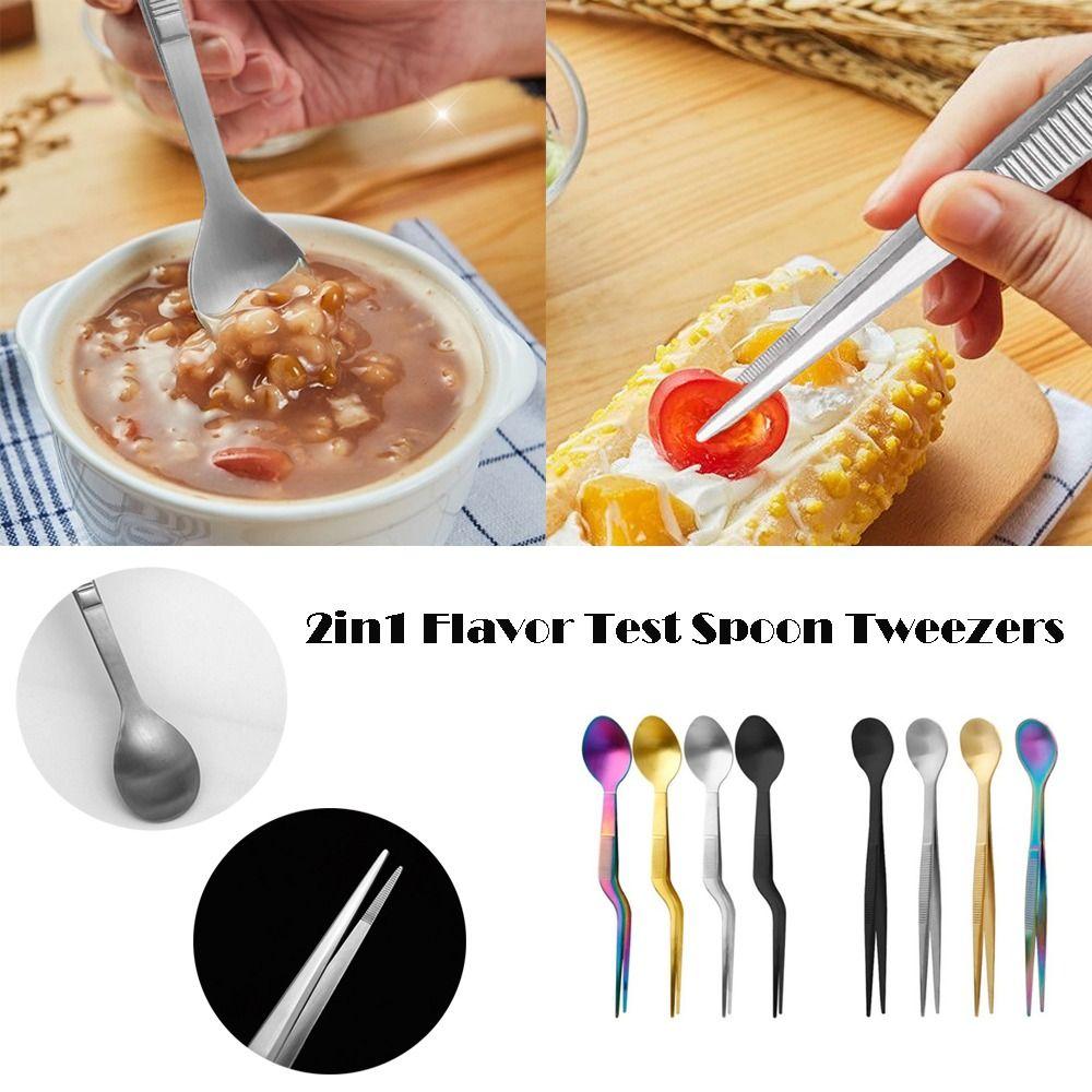 High Quality Multi-functional Sauce Spoon Portable 2in1 Design Food Tweezers Stainless Steel Picnic Utensil Kitchen Utensil