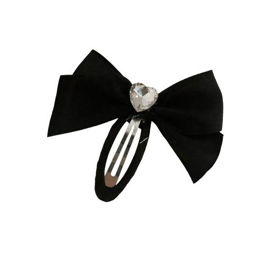 Women Hairpin Smooth Edges Smooth Satin Ribbon Bow Sparkling Rhinestone Rounded BB Clip Hair Accessory