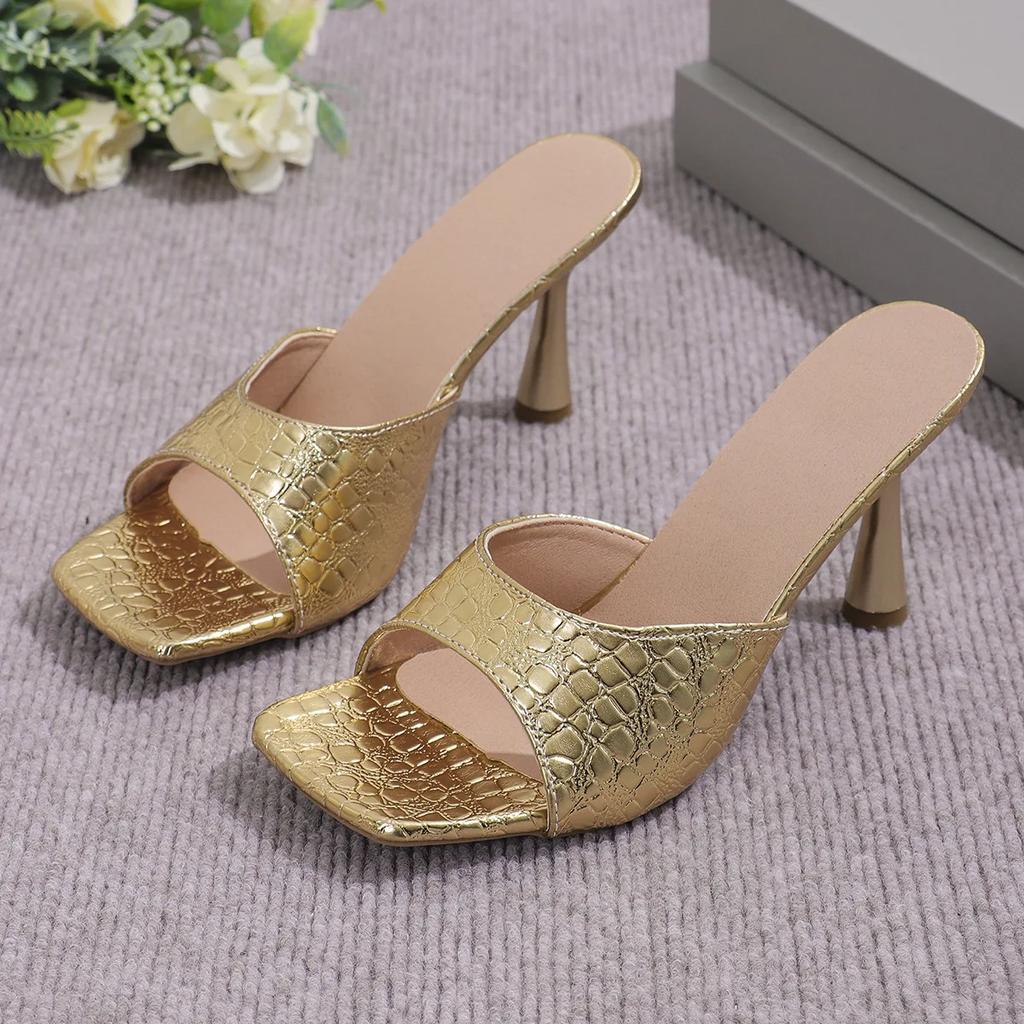 Neue Mode Sommer Damen Slipper Eckige Zehenpartie Damen Pantoletten Sexy Hohe Absätze Sandalen Weiblich Designer Frau Dinnerparty Schuhe
