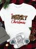 Leopard Print Merry Christmas T Shirt Ladies Santa Hat Letter Graphic Short Sleeve Tops Vintage Christmas Family Matching Tees