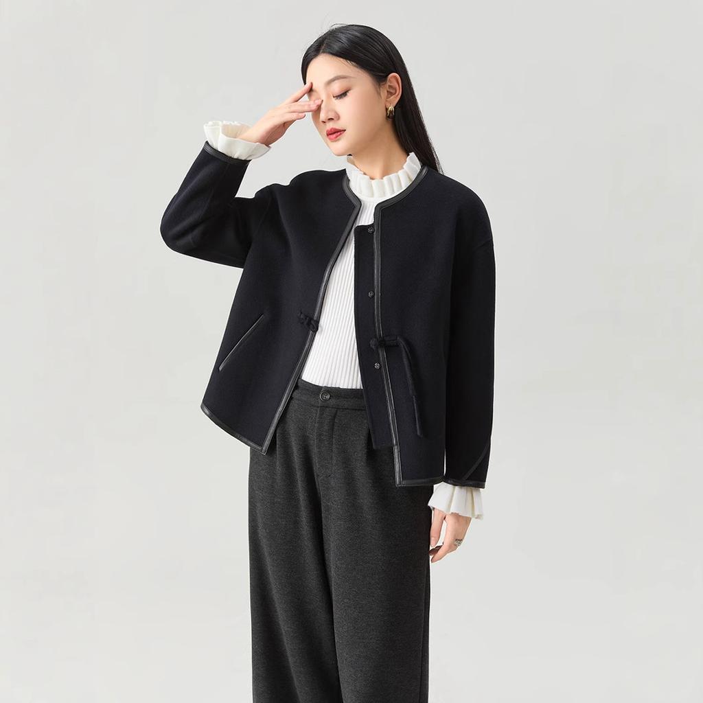 Women's Leather Chinese Knot Woolen Coat Simple Retro Short Round Neck Fleece Coat Warm